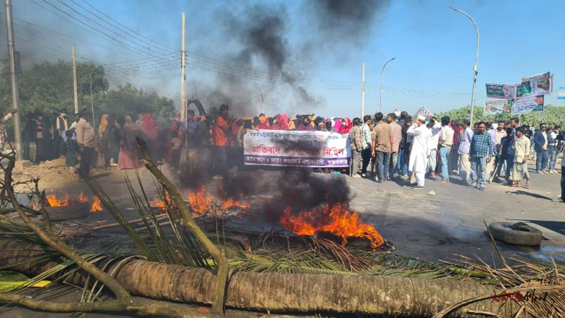 সড়ক অবরোধ, টায়ারে আগুন, গাছ ফেলে কক্সবাজারে স্থানীয়দের বিক্ষোভ। ছবি: সমাজকাল