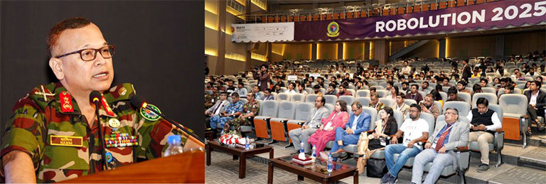 রোবোলিউশন ২০২৫-এর উদ্বোধনী অনুষ্ঠানে বক্তব্য দেন এমআইএসটির কমান্ড্যান্ট মেজর জেনারেল মো. নাসিম পারভেজ। ছবি: আইএসপিআর