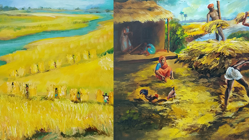 ঢাকা বিশ্ববিদ্যালয়ের চারুকলা অনুষদের বকুলতলার উৎসবে ‘নবান্ন’ শিরোনামে আঁকা ছবি। ছবি: তাসকিনা ইয়াসমিন 