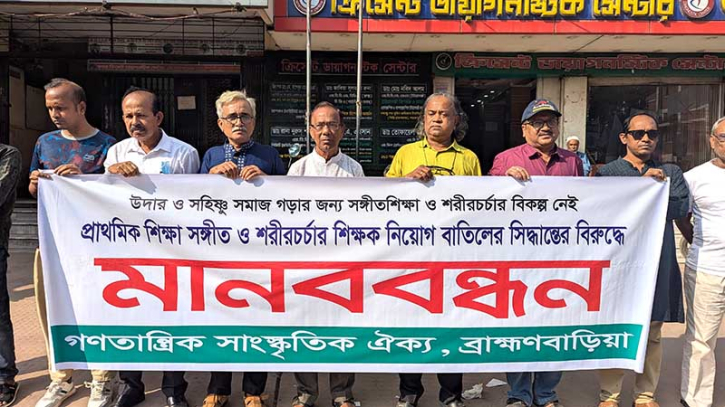 সঙ্গীত ও শরীরচর্চা শিক্ষক নিয়োগ বাতিলের প্রতিবাদে মানববন্ধন