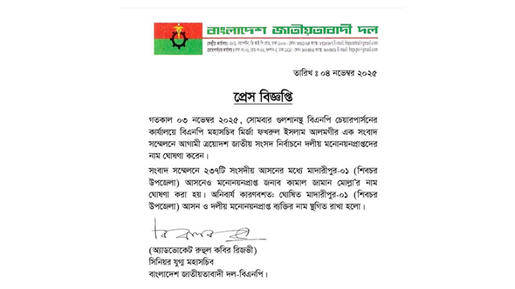 বিক্ষোভের পর মাদারীপুর-১ আসনে বিএনপির মনোনয়ন স্থগিত